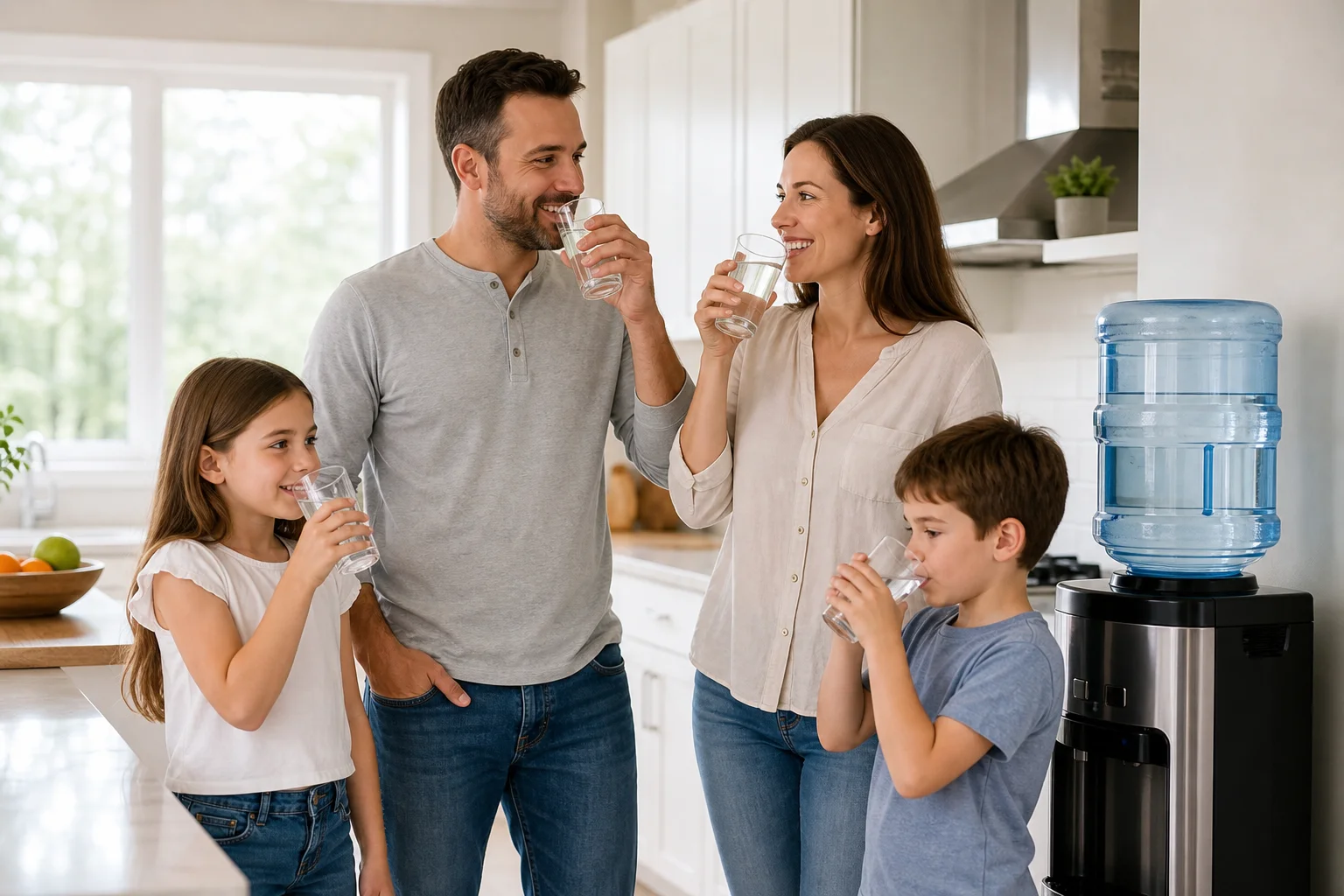 Happy family of four drinking water from glasses in a bright modern kitchen with a water cooler and 18-litre jug in the background