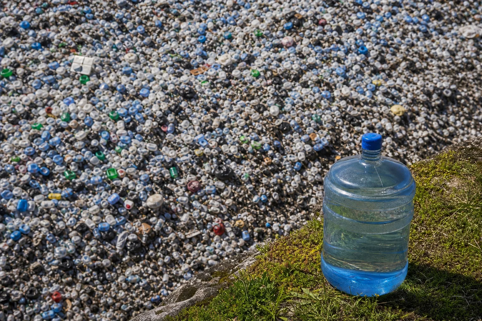Aerial view of thousands of discarded single-use plastic bottles filling a landfill, with a single reusable 18-litre water jug standing on green grass in the foreground