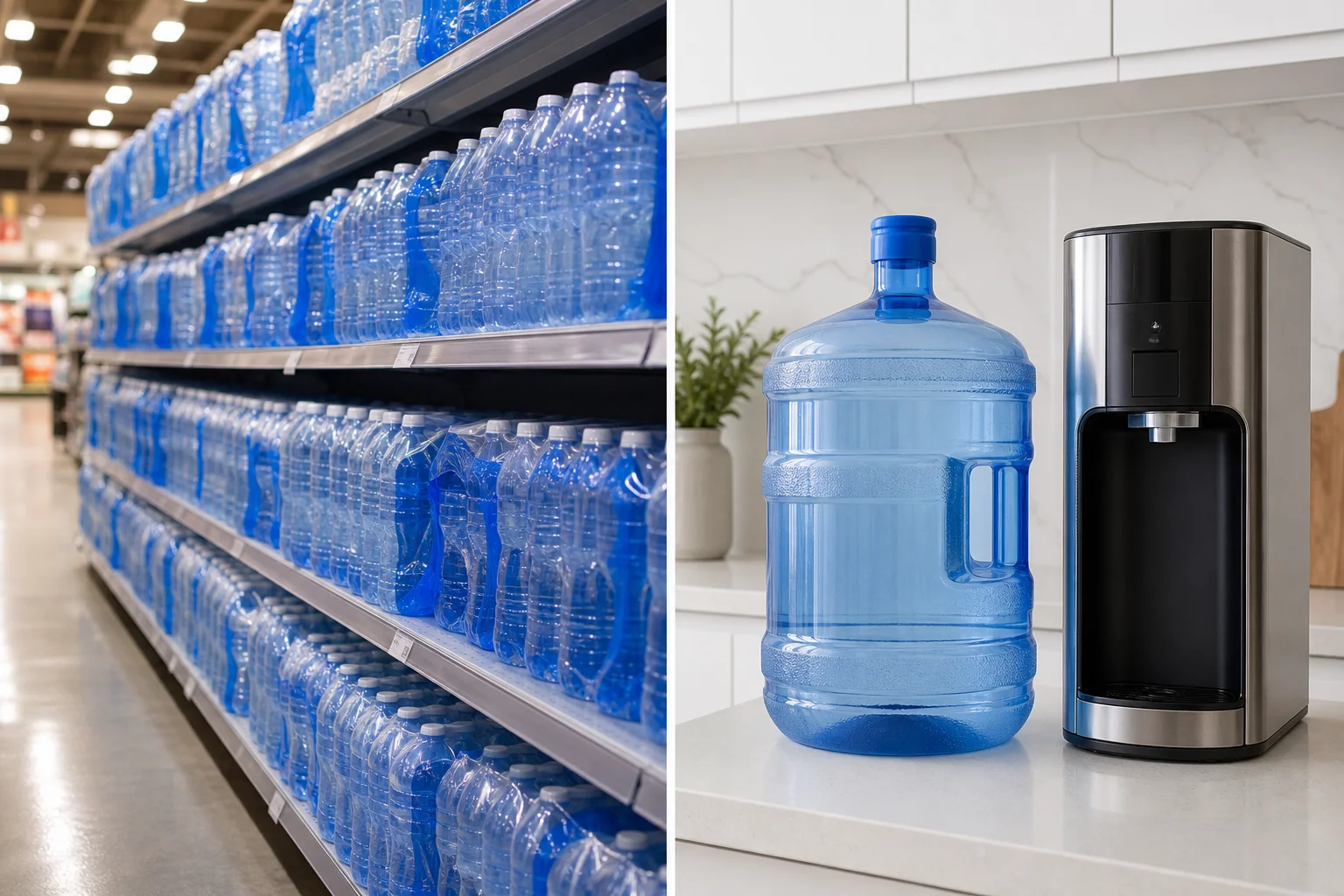 Split comparison showing store shelves stacked with single-use plastic water bottles on the left, and a reusable 18-litre water jug with a modern dispenser on a clean kitchen counter on the right