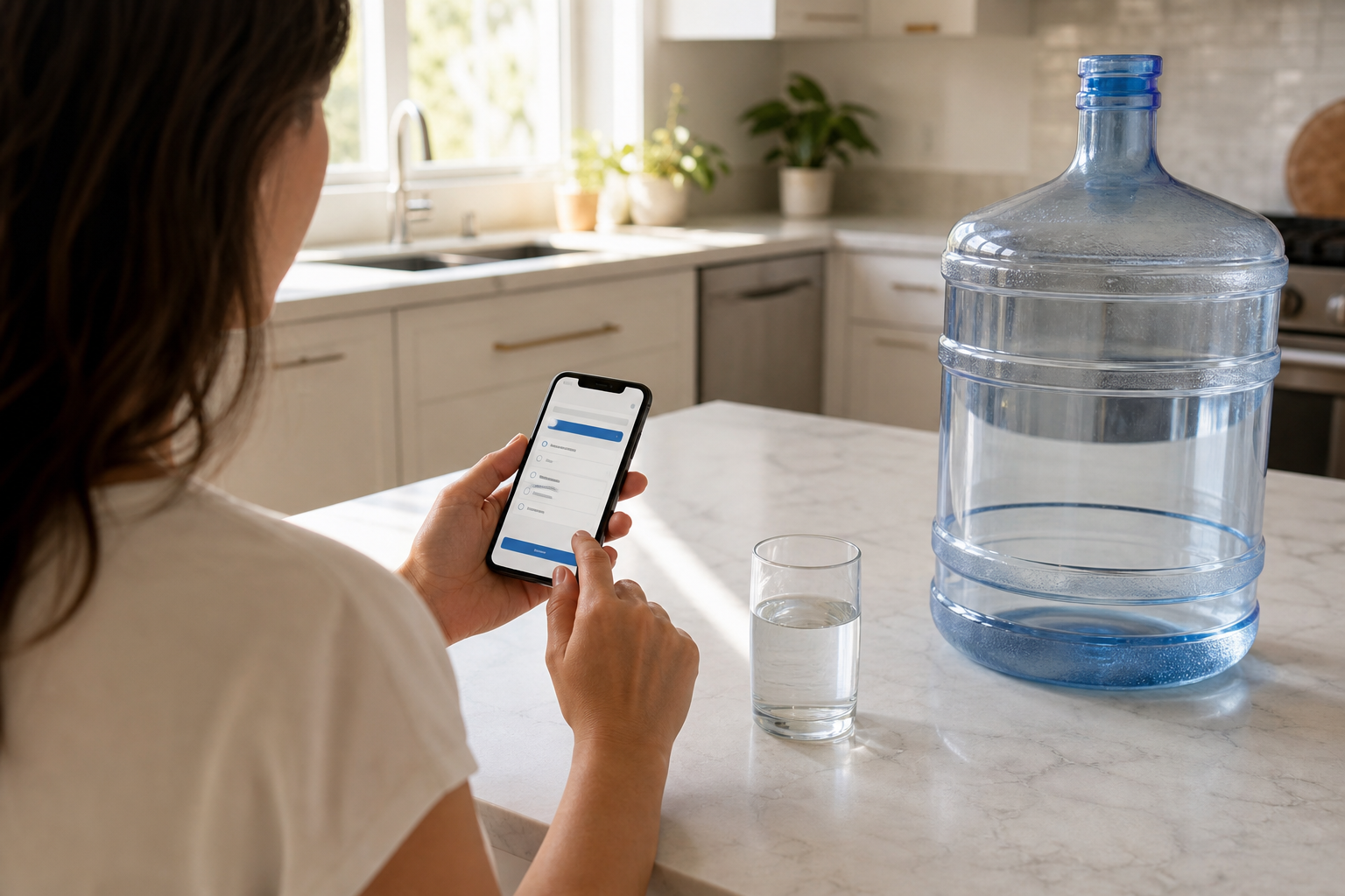 A person browsing a water delivery website on their smartphone at a kitchen counter with a glass of clear water nearby