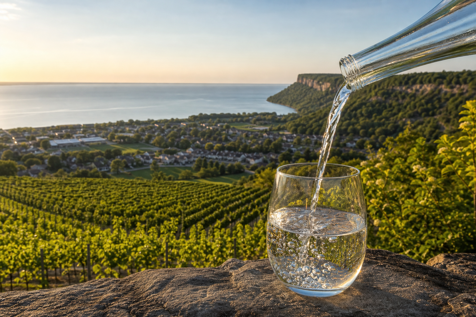 Beautiful view of the Niagara Escarpment overlooking vineyards and rolling countryside with a glass of crystal-clear water in the foreground
