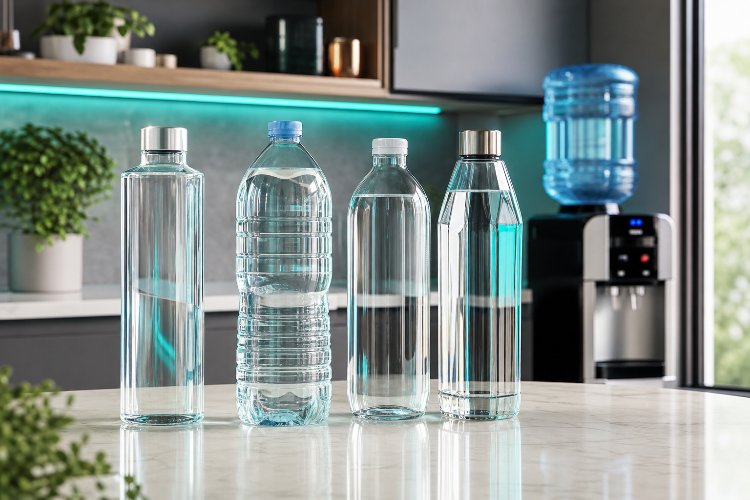 Four types of premium bottled water displayed on a clean kitchen counter with a water cooler dispenser to the side