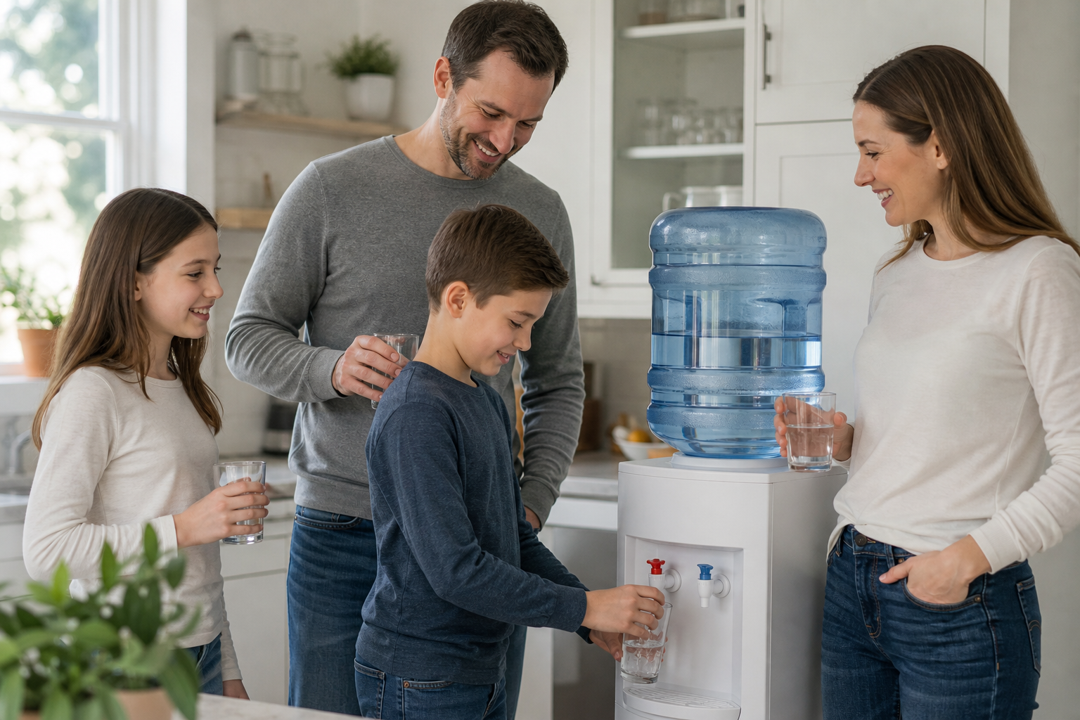 A happy Canadian family filling glasses of water from a countertop water cooler with an 18 litre bottle in a bright kitchen