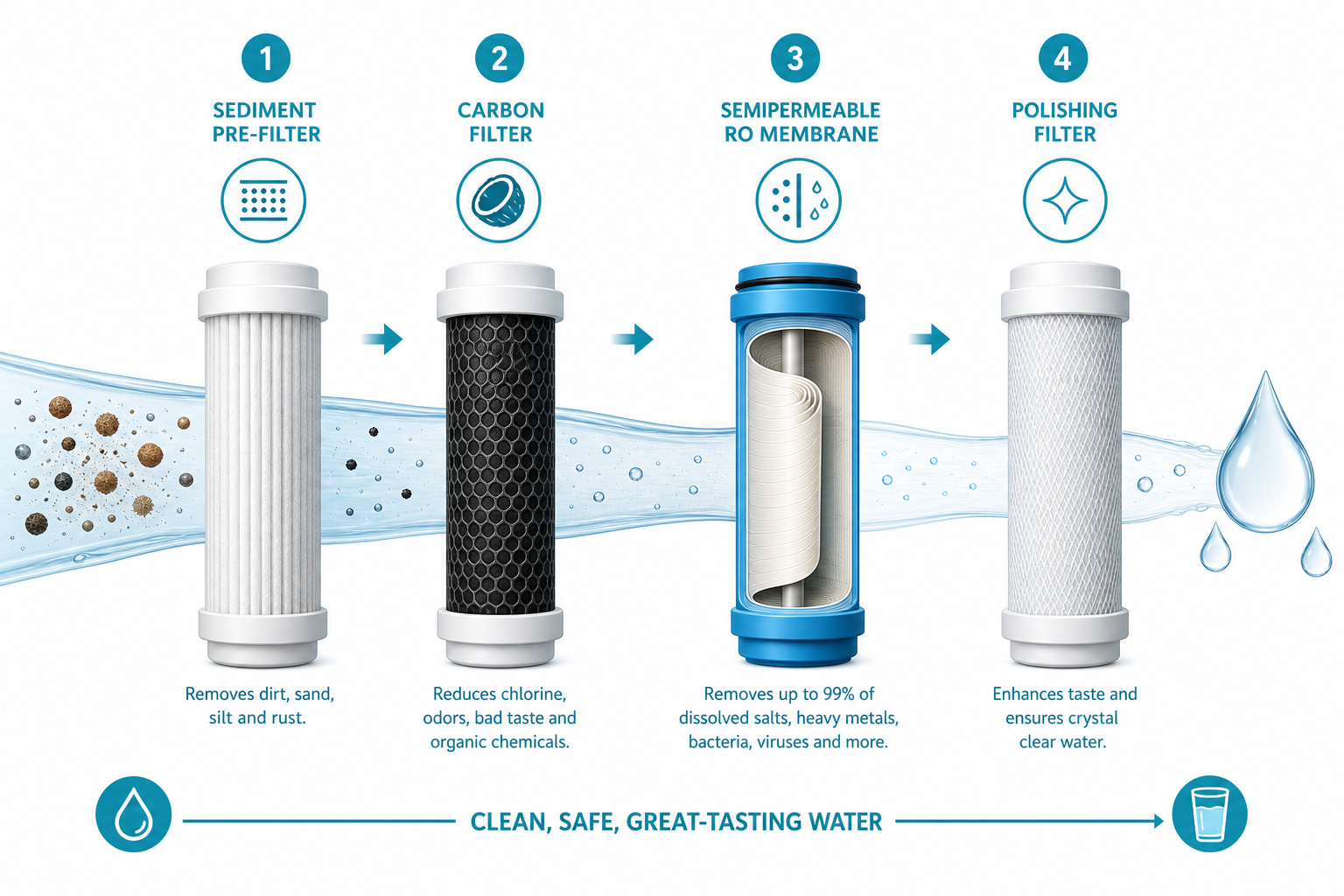 Infographic showing the four stages of reverse osmosis filtration: sediment pre-filter, carbon filter, semipermeable RO membrane, and polishing filter