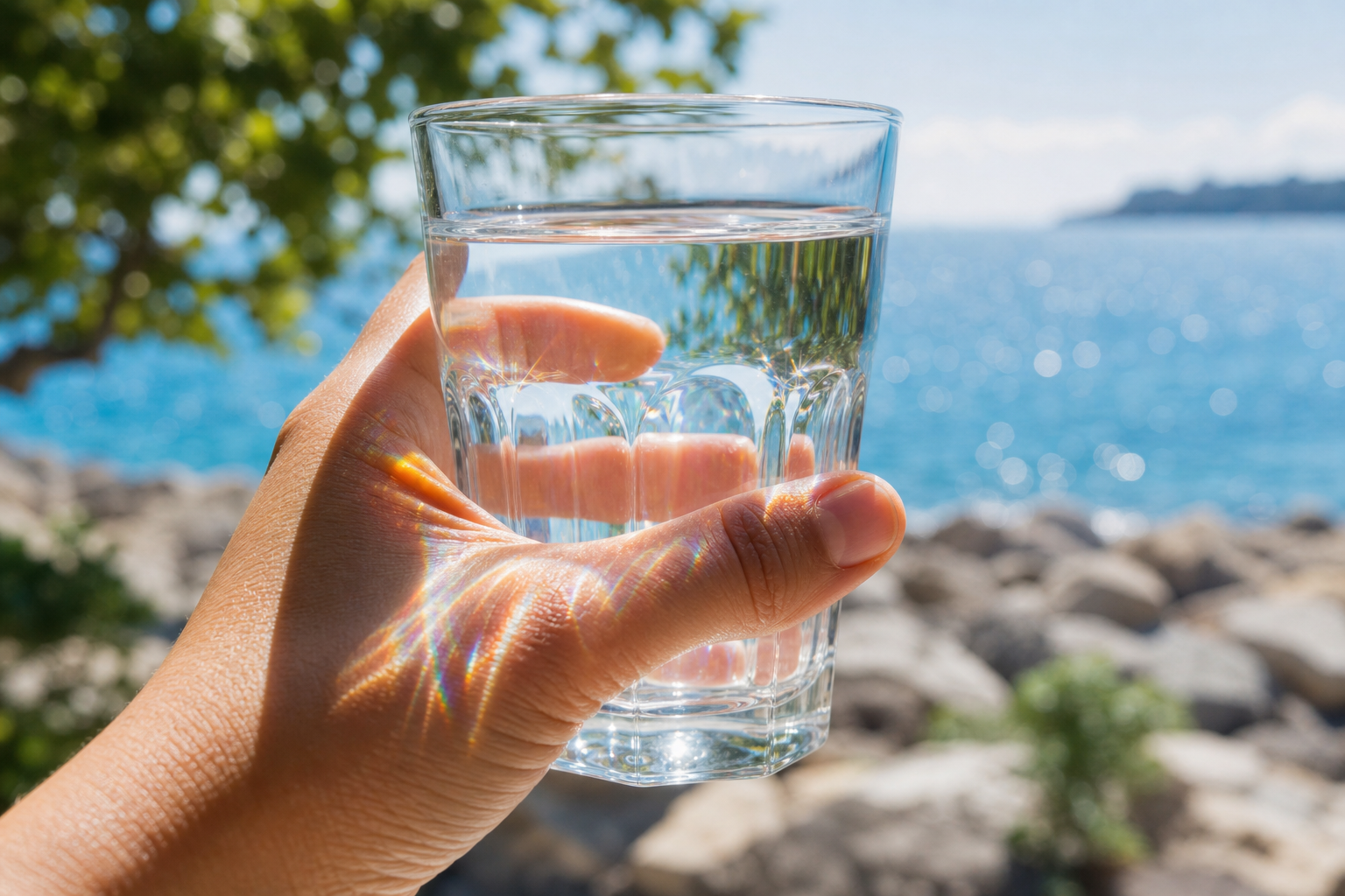 A hand holding a clear glass of pure water against a bright summer waterfront backdrop with sunlight refracting through the glass