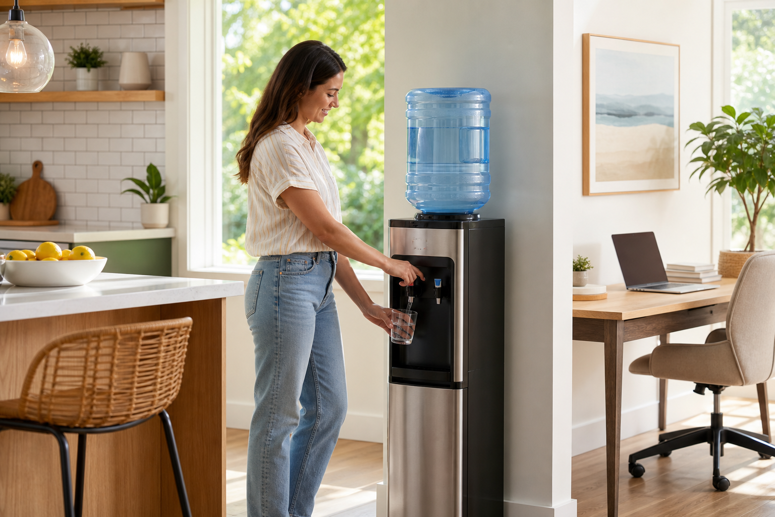 A woman filling a glass of water from a water cooler with a large blue water jug in a bright, modern kitchen with summer greenery visible through the window