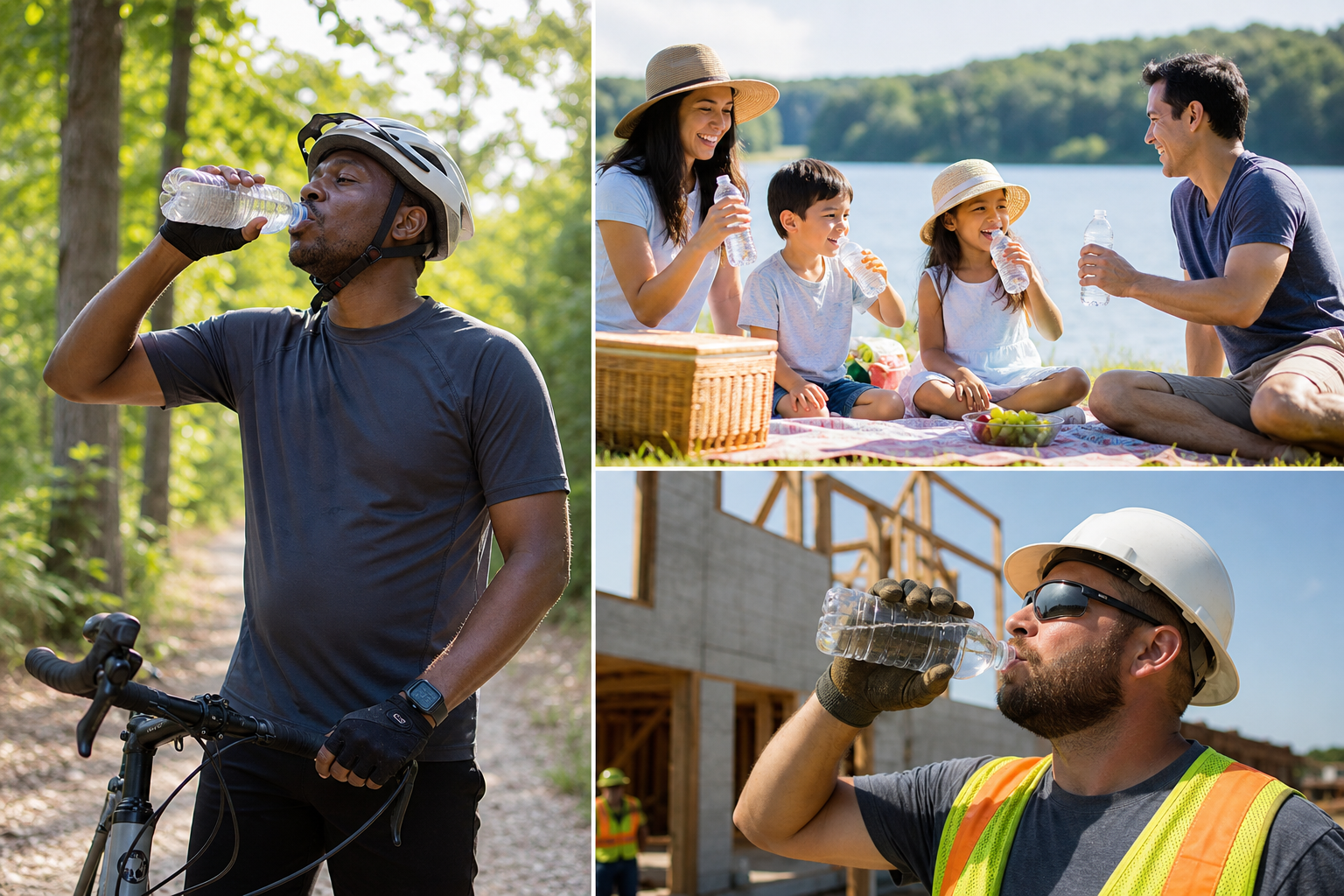 Three scenes of people hydrating during summer activities — a cyclist drinking water on a trail, a family sharing water at a lakeside picnic, and a construction worker taking a water break on site